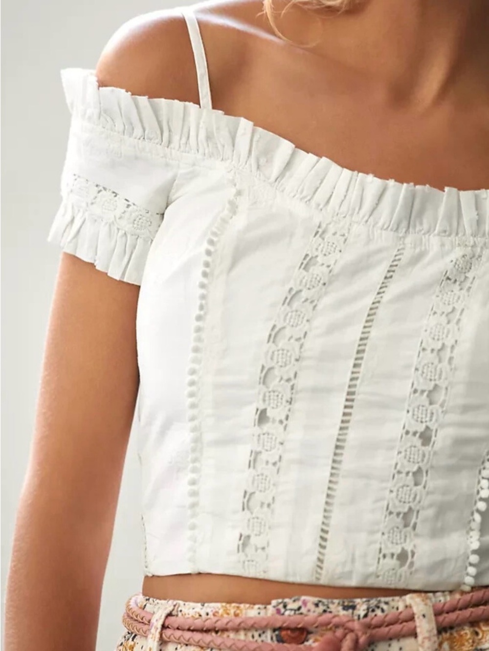 Anthropology White Off-Shoulder Lace Trim Top